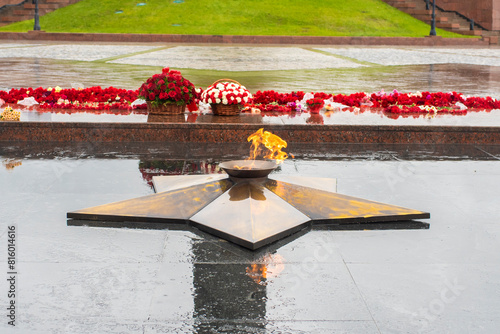 Eternal Flame on Poklonnaya Hill in Moscow, Russia. May rainy day.	
