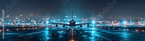 Bustling Night Airport Runway with Planes Lining Up for Takeoff at Global Travel Hub