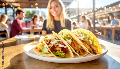 Tacos mit F  llung  im Hintergrund ein Restaurant mit G  sten