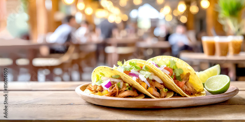 Tacos mit Füllung, im Hintergrund ein Restaurant mit Gästen