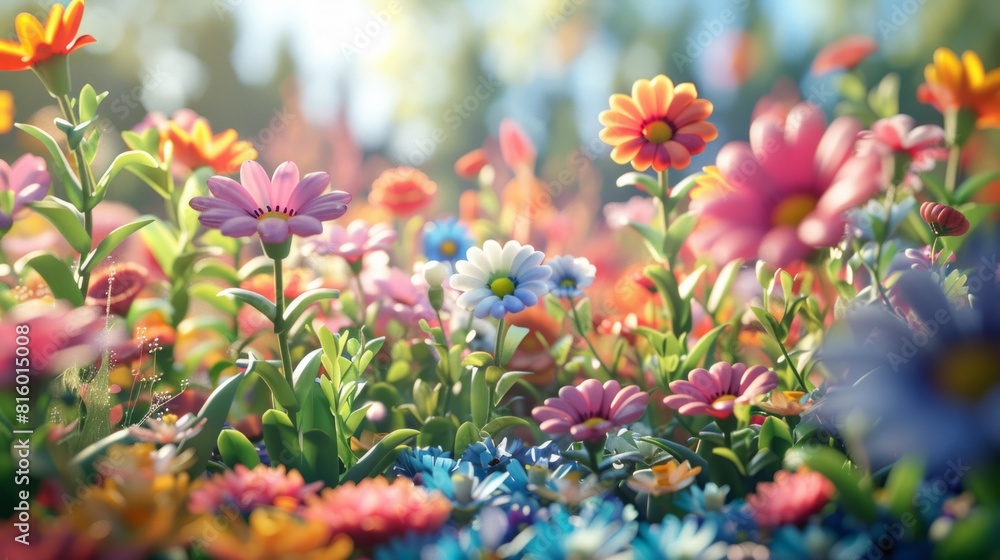 Obraz premium 3D rendering of the image of cute, talking flowers in a bright and cheerful garden.