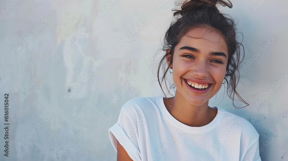 Fototapeta premium portrait dune jeune femme souriante en tshirt blanc et jean devant un mur blanc photo lifestyle