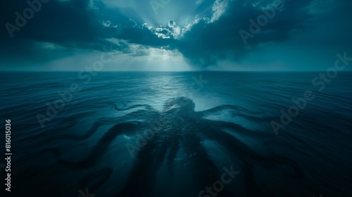 Fototapeta Naklejka Na Ścianę i Meble -  Gigantic sea monster creatures octopus Cthulhu in ocean cloudy day dark clouds foggy horizon