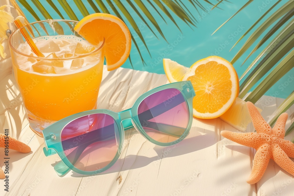 View of summer sunglasses with cocktail