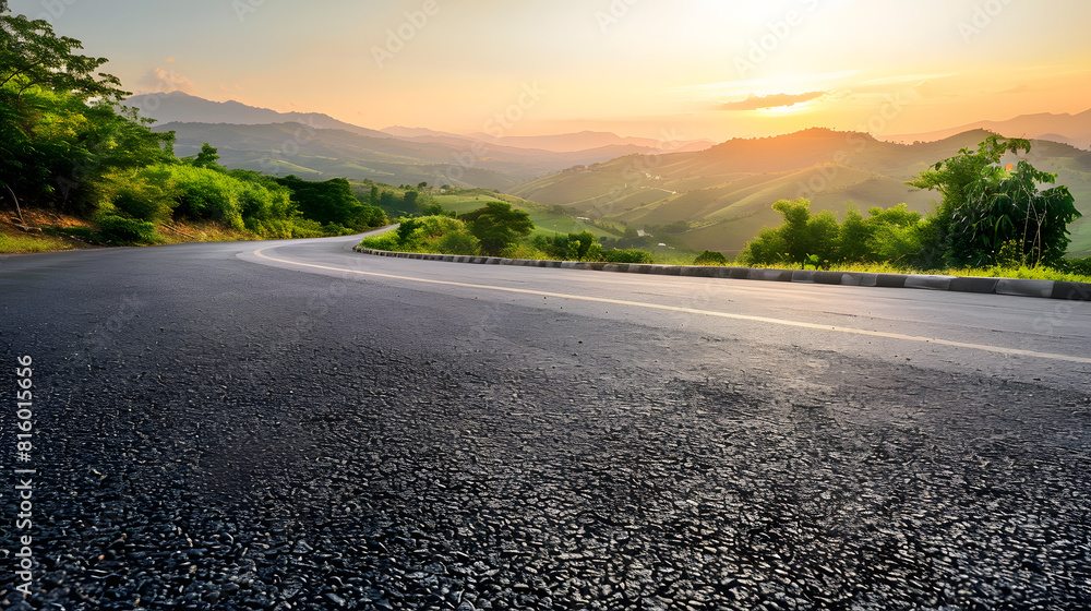 Asphalt road square and green mountain natural landscape at sunset : Generative AI Asphalt road square and green mountain natural landscape at sunset : Generative AI