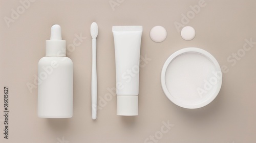 Flat lay of white cosmetic containers and applicators on a beige background, including a dropper bottle, a tube, a brush, and a round container © Sohaib q