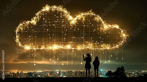 back light of IT person looking to the city with the data center cloud network over the city