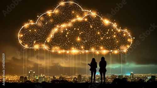 back light of IT person looking to the city with the data center cloud network over the city