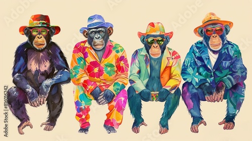quirky apes in mismatched colorful outfits birthday party invitation playful illustration photo