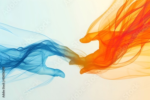 Concept of two hands reaching out to each other try to hold hands with an abstract smoke watercolor background, 3D illustration
