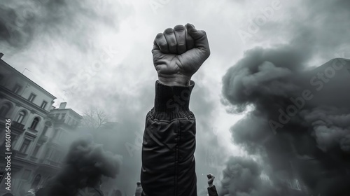 raised fist of protestor at violent political demonstration dramatic black and white photo photo