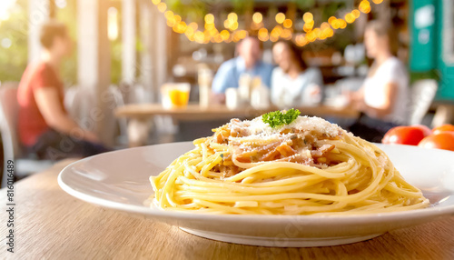 Spaghetti Cabonara, im Hintergrund ein Restaurant mit Gästen