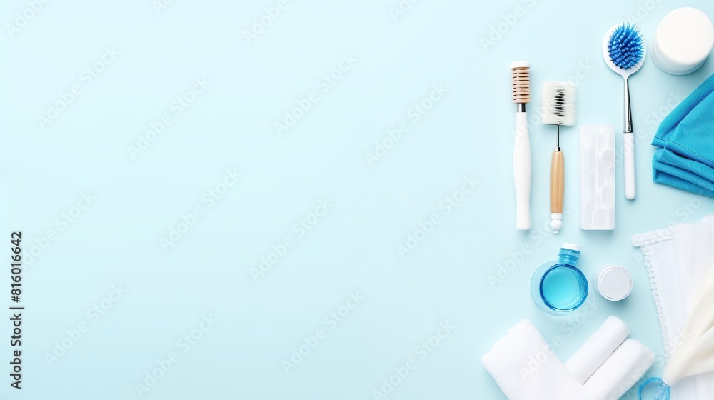 nurse Medical tools and supplies on blue background. Medical banner template, header mockup. Flat lay nurse Medical tools and supplies on blue background. Medical banner template, header mockup. Flat lay