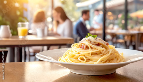 Spaghetti Cabonara, im Hintergrund ein Restaurant mit Gästen