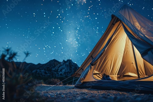 A closeup of a tent set up in a remote, scenic campsite under a starry sky No text or alphabet on image photo