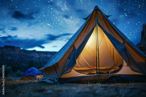 A closeup of a tent set up in a remote, scenic campsite under a starry sky No text or alphabet on image