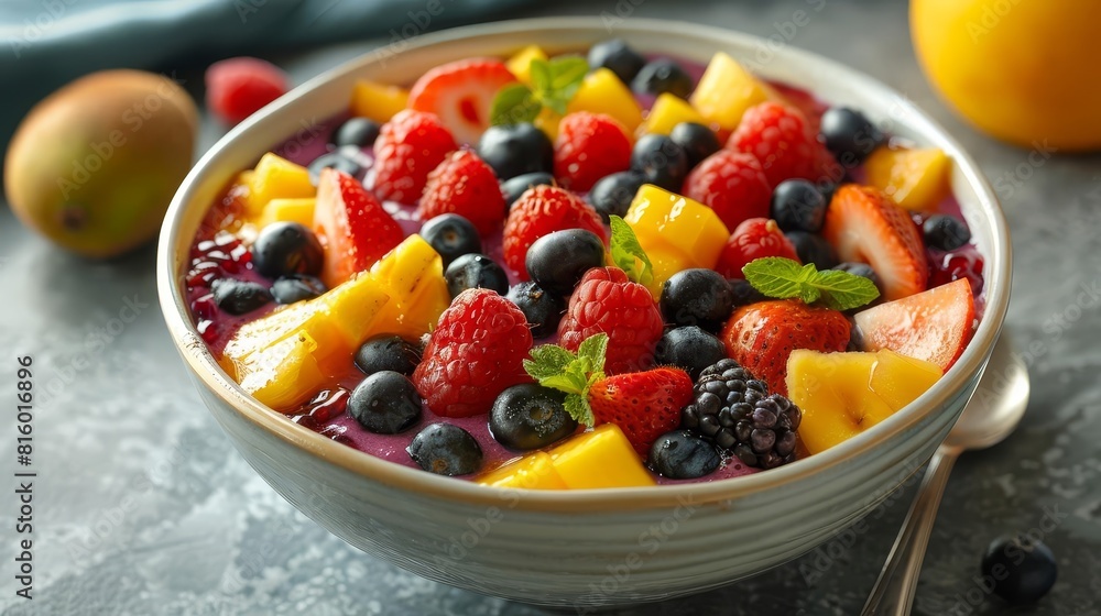A highdefinition shot of a smoothie bowl with a variety of colorful fruits No text or alphabet on image A highdefinition shot of a smoothie bowl with a variety of colorful fruits No text or alphabet on image