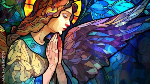 Vintage angel in stained glass flat design side view church window theme water color Monochromatic Color Scheme