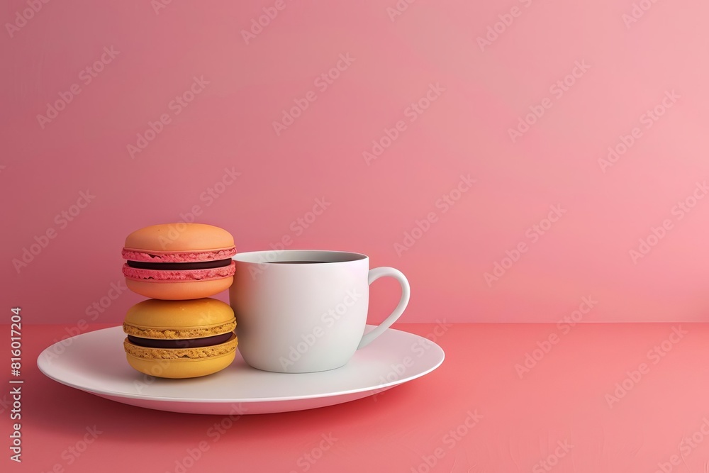 Macaron and coffee flat design side view perfect pairing theme 3D render vivid Macaron and coffee flat design side view perfect pairing theme 3D render vivid