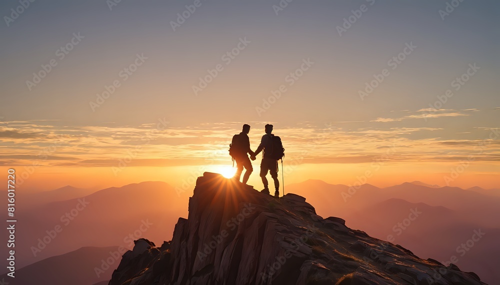 Fototapeta premium Together overcoming obstacles with two people helping each other on mountain top. Celebrating success and achievements of business goals. Business persons celebrating success on mountain top.