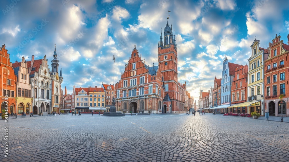 Naklejka premium Fairytale town hall dominates the main square, its grandeur enhanced by rich carvings and decorative details