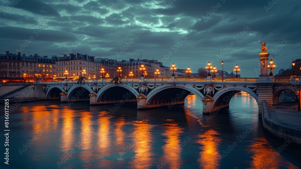 Bridge over a calm river decorated with illuminated lanterns Bridge over a calm river decorated with illuminated lanterns