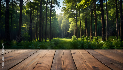 Empty wooden deck with forest ,blurred Beautiful minimalist forest view with blue sky. Generative Ai