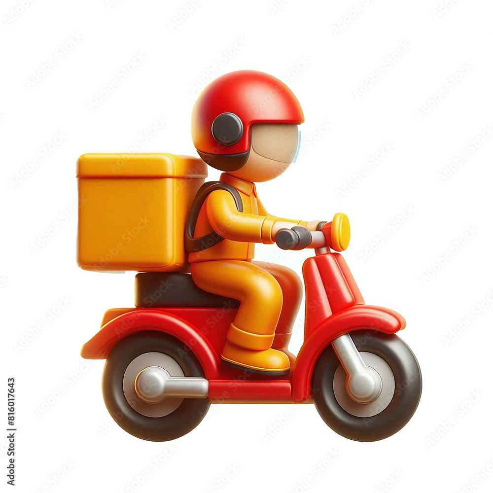 3D icon illustration of a delivery boy dressed in yellow driving a red motorbike, app style, on white background 3D icon illustration of a delivery boy dressed in yellow driving a red motorbike, app style, on white background