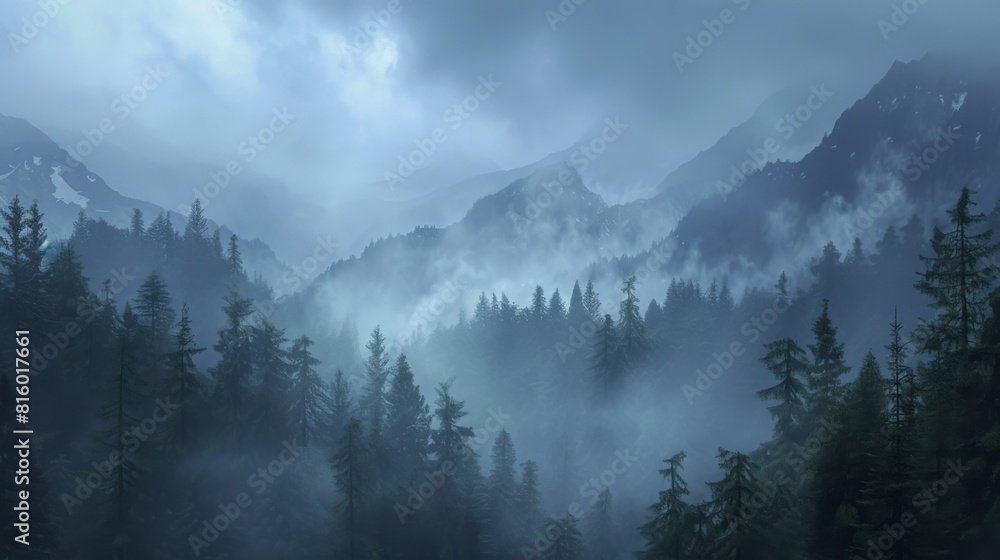 Fog covered forest located in the mountains at dawn, soft light filters through the trees Fog covered forest located in the mountains at dawn, soft light filters through the trees