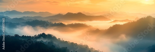 Mountain view with sunrise shade and light foggy in the morning at Phu Thap Boek, Phetchabul, Thailand realistic nature and landscape photo