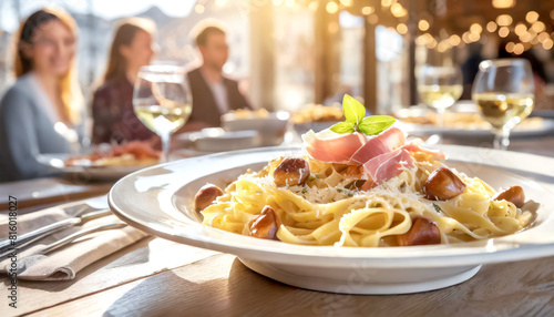 Pasta mit Maronen und Parmaschinken, im Hintergrund glückliche Gäste 