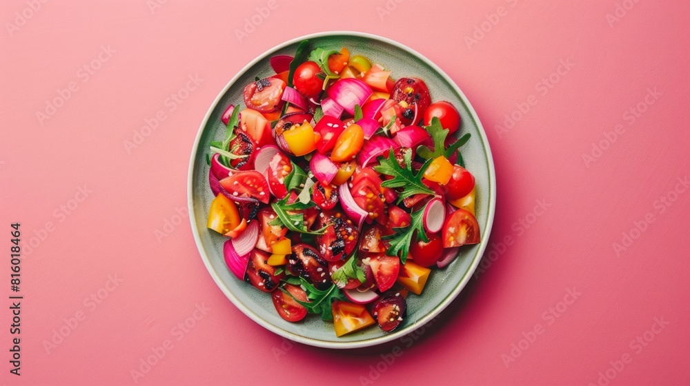 A vibrant salad featuring a mix of colorful tomatoes, red onions, and fresh greens, arranged beautifully on a round plate against a pink background