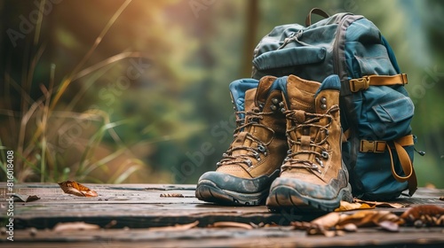 rugged hiking boots and weathered backpack on wooden surface ready for outdoor adventure photography