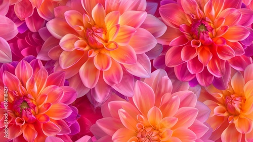 fuchsia pink and orange dahlia flower pattern background, bold colors © World of AI