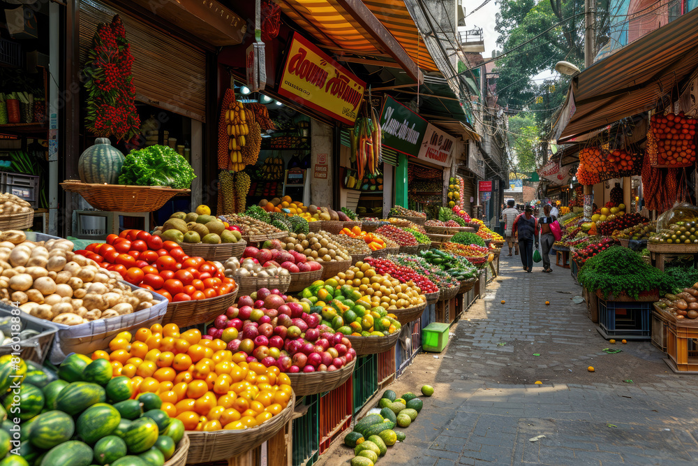 Fruit and vegetable market in Shenzhen, China, with colorful fruits on display. Created with Ai