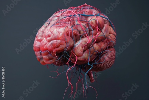 3d render of brain with veins and fine red pink blue capillaries, isolated on dark grey background , highly detailed
