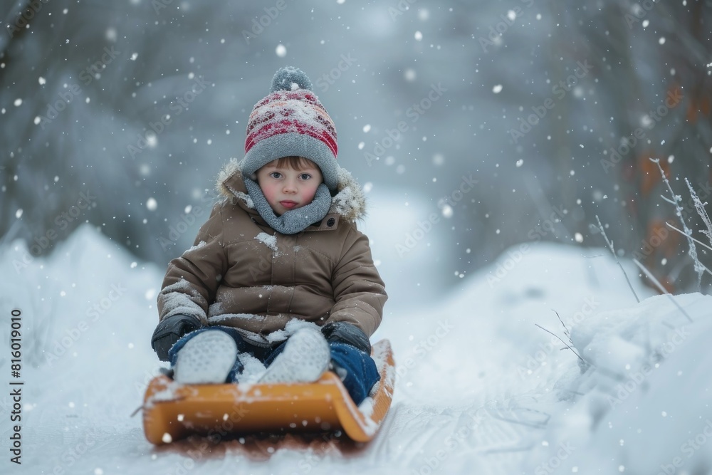 Adorable toddler sitting on a wooden sled amid falling snowflakes in a winter landscape