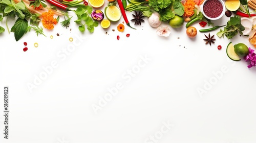 Fresh raw vegan ingredients for homemade pho on white wooden background. Copy space. Top view