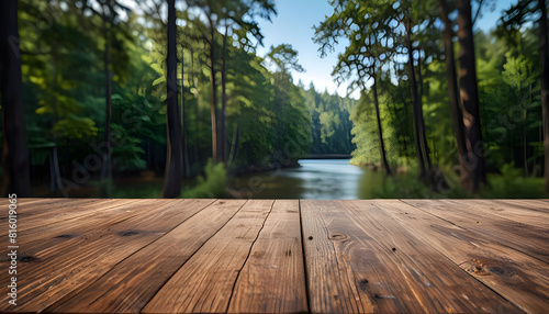 Empty wooden deck with forest  blurred Beautiful minimalist forest view with blue sky. Generative Ai
