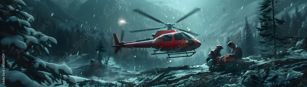 Fototapeta premium Dramatic Aerial Rescue of Injured Patient in Snowy Wilderness by Emergency Helicopter