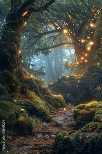 A mystical fairy tale forest illuminated by twinkling fairy lights  with moss-covered rocks  gnarled trees  and hidden glens.