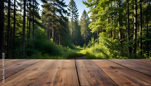 Empty wooden deck with forest  blurred Beautiful minimalist forest view with blue sky. Generative Ai