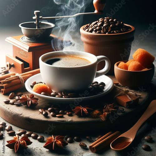 Cup of coffee, breakfast with coffee, steaming coffee, freshly brewed coffee photo