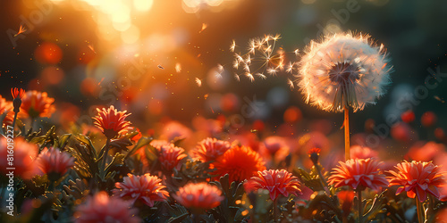 Nature s Whisper  Dandelion Seeds Drift Over a Sunlit Garden