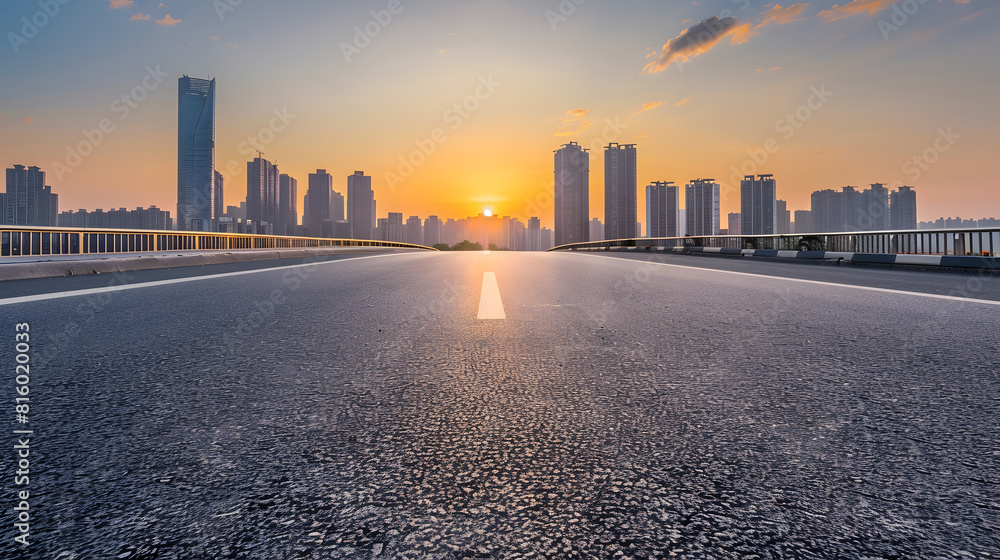 Obraz premium Asphalt road and bridge with modern city skyline at sunset in Ningbo Zhejiang Province China : Generative AI