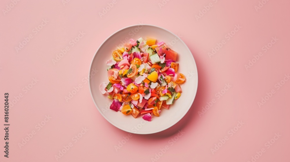 A colorful vegetable salad with tomatoes, radishes, and herbs on a white plate against a pink background A colorful vegetable salad with tomatoes, radishes, and herbs on a white plate against a pink background