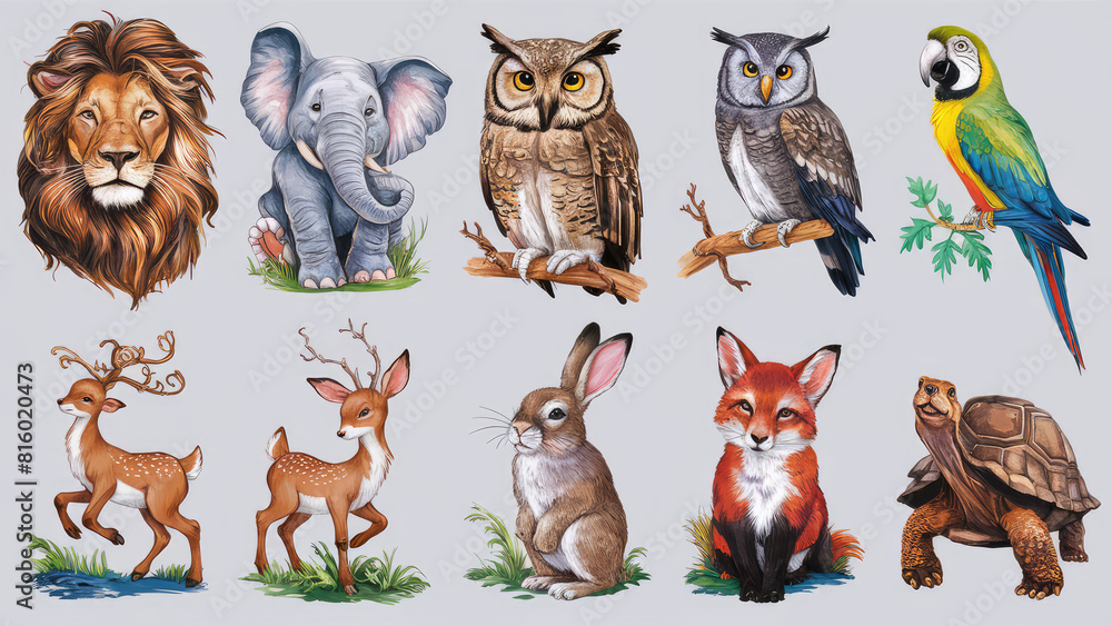 Fototapeta premium A delightful arrangement of stickers, each featuring adorable and intricately painted animals