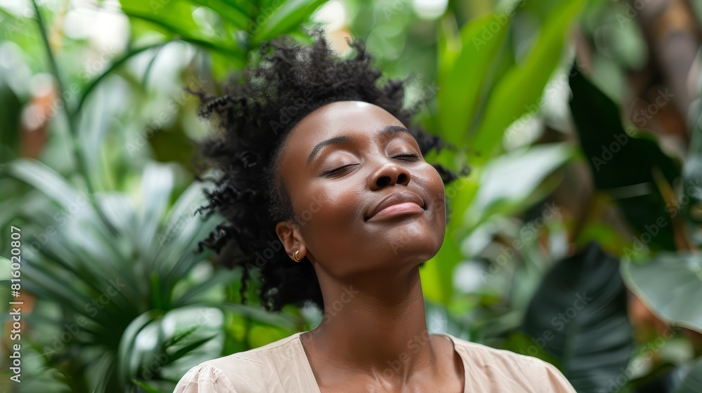 serene african woman finding inner peace amidst lush greenhouse plants lifestyle photo serene african woman finding inner peace amidst lush greenhouse plants lifestyle photo