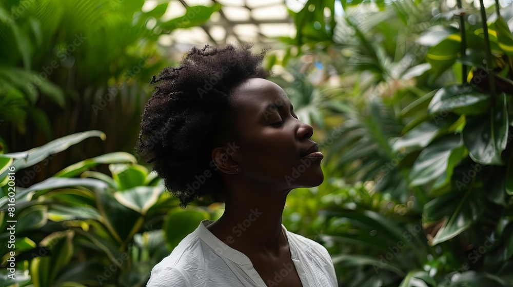 serene african woman finding inner peace amidst lush greenhouse plants lifestyle photo serene african woman finding inner peace amidst lush greenhouse plants lifestyle photo