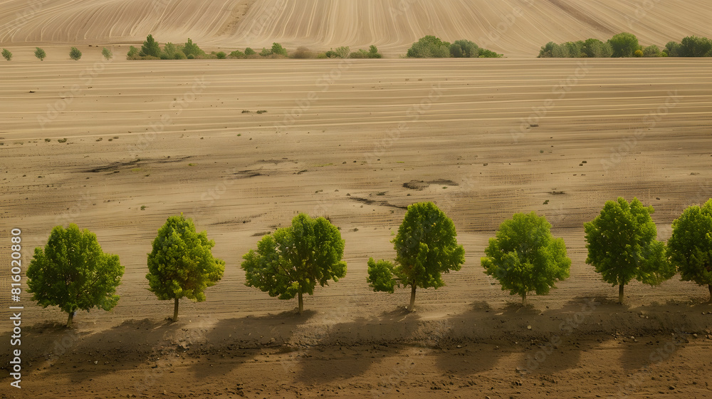 Obraz premium Trees along an irrigation canal on a plowed field top view Farmland : Generative AI